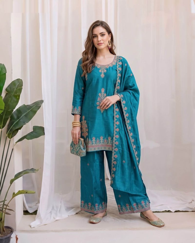 Naisha K 1158 Chinon Crush Embroidered Kurti With Bottom Dupatta Set