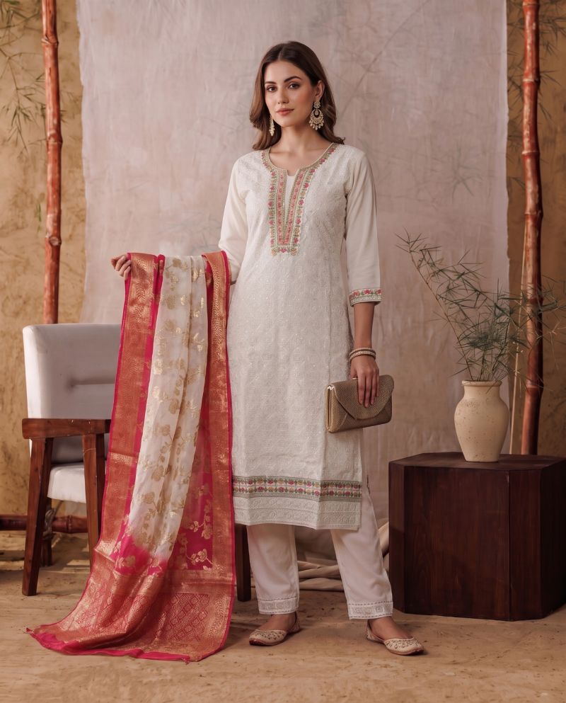 Naisha K 1159 Roman Silk Heavy Embroidered Kurti With Bottom Dupatta Set — Wholesale Kurtis, Vardan Ethnic wholesale from Surat — view 2