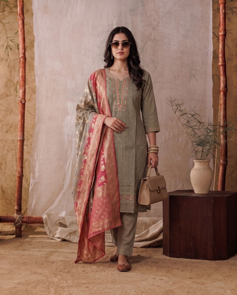 Naisha K 1159 Roman Silk Heavy Embroidered Kurti With Bottom Dupatta Set — Wholesale Kurtis, Vardan Ethnic wholesale from Surat — view 4