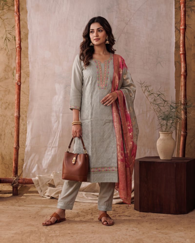 Naisha K 1159 Roman Silk Heavy Embroidered Kurti With Bottom Dupatta Set
