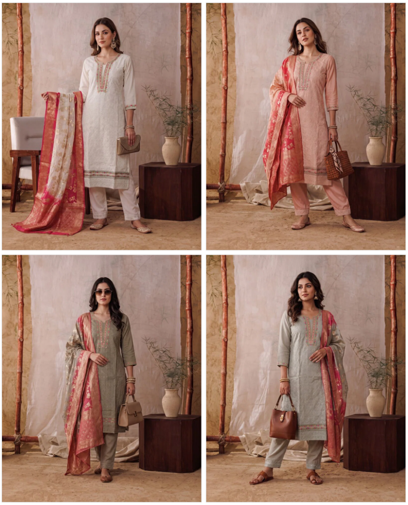Naisha K 1159 Roman Silk Heavy Embroidered Kurti With Bottom Dupatta Set — Wholesale Kurtis, Vardan Ethnic wholesale from Surat — view 5
