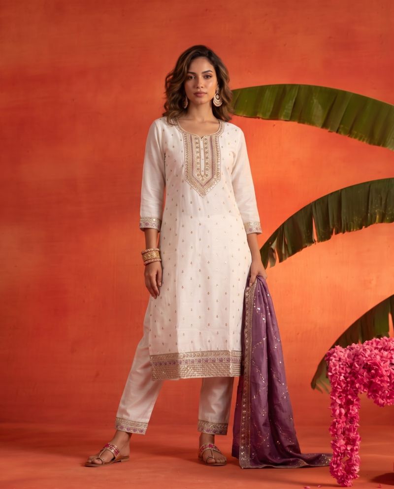 Naisha K 1160 Roman Slub Embroidered Designer Kurti With Bottom Dupatta Set — Wholesale Kurtis, Vardan Ethnic wholesale from Surat — view 2