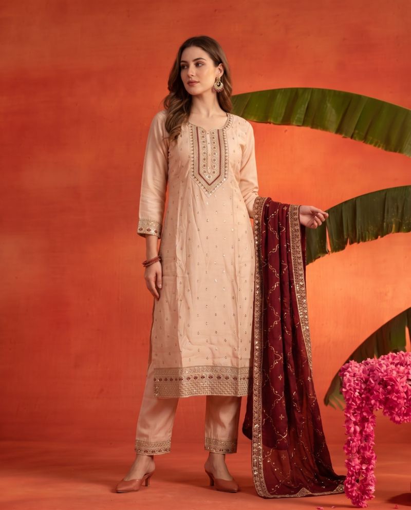 Naisha K 1160 Roman Slub Embroidered Designer Kurti With Bottom Dupatta Set