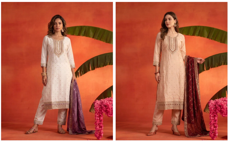 Naisha K 1160 Roman Slub Embroidered Designer Kurti With Bottom Dupatta Set — Wholesale Kurtis, Vardan Ethnic wholesale from Surat — view 3