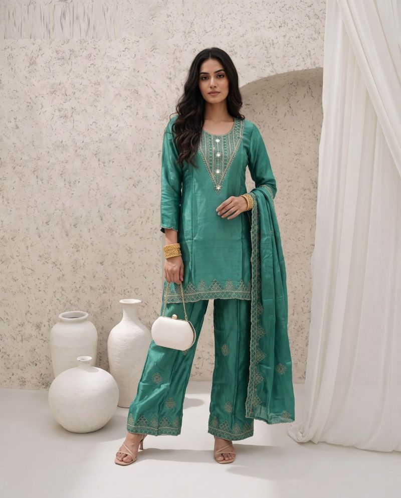 Naisha K 1161 Chinon Crush Embroidered Manual Work Designer Kurti With Bottom Dupatta Set — Wholesale Kurtis, Vardan Ethnic wholesale from Surat — view 2