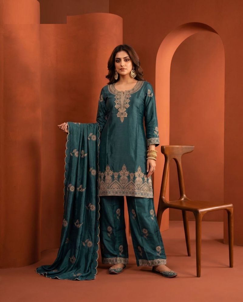 Naisha K 1162 Chinon Shimmer Embroidered Kurti With Bottom Dupatta Set