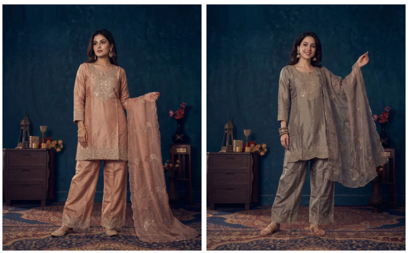 Naisha K 1163 Shimmer Embroidered Designer Kurti With Bottom Dupatta Set — Wholesale Kurti Pant Set, Vardan Ethnic wholesale from Surat — view 3