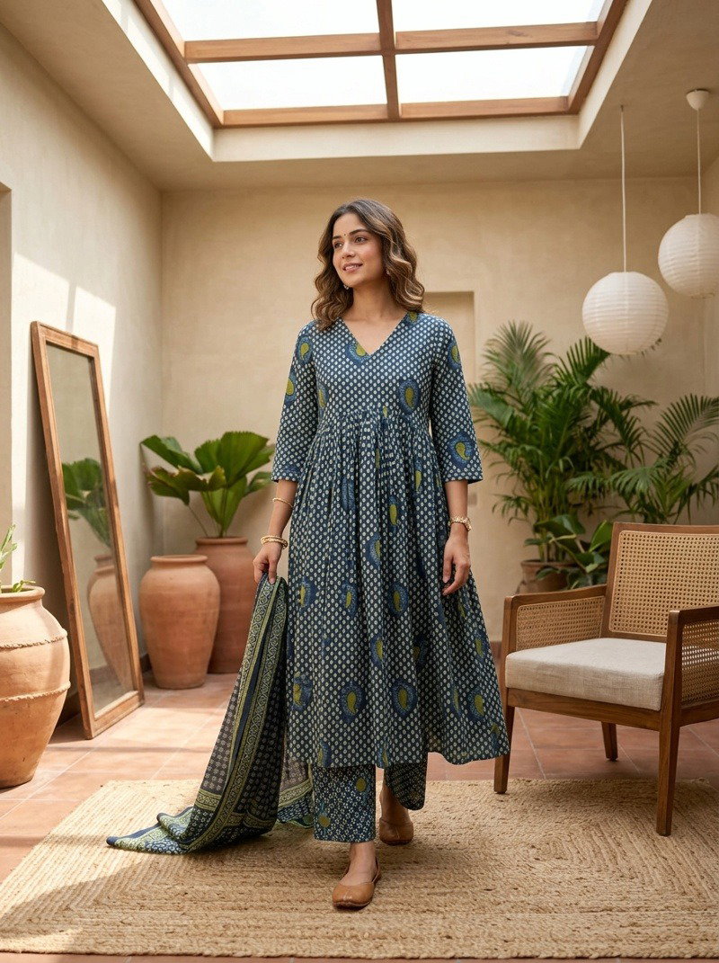 Naisha K 1172 Mul Cotton Printed Anarkali Kurti With Bottom Dupatta Catalog — Wholesale Kurti Pant Set, Vardan Ethnic wholesale from Surat — view 2