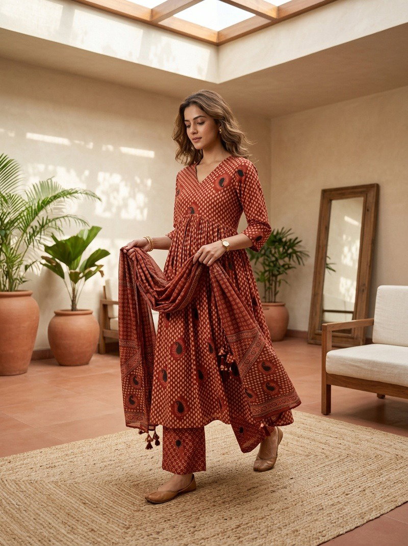 Naisha K 1172 Mul Cotton Printed Anarkali Kurti With Bottom Dupatta Catalog — Wholesale Kurti Pant Set, Vardan Ethnic wholesale from Surat — view 3