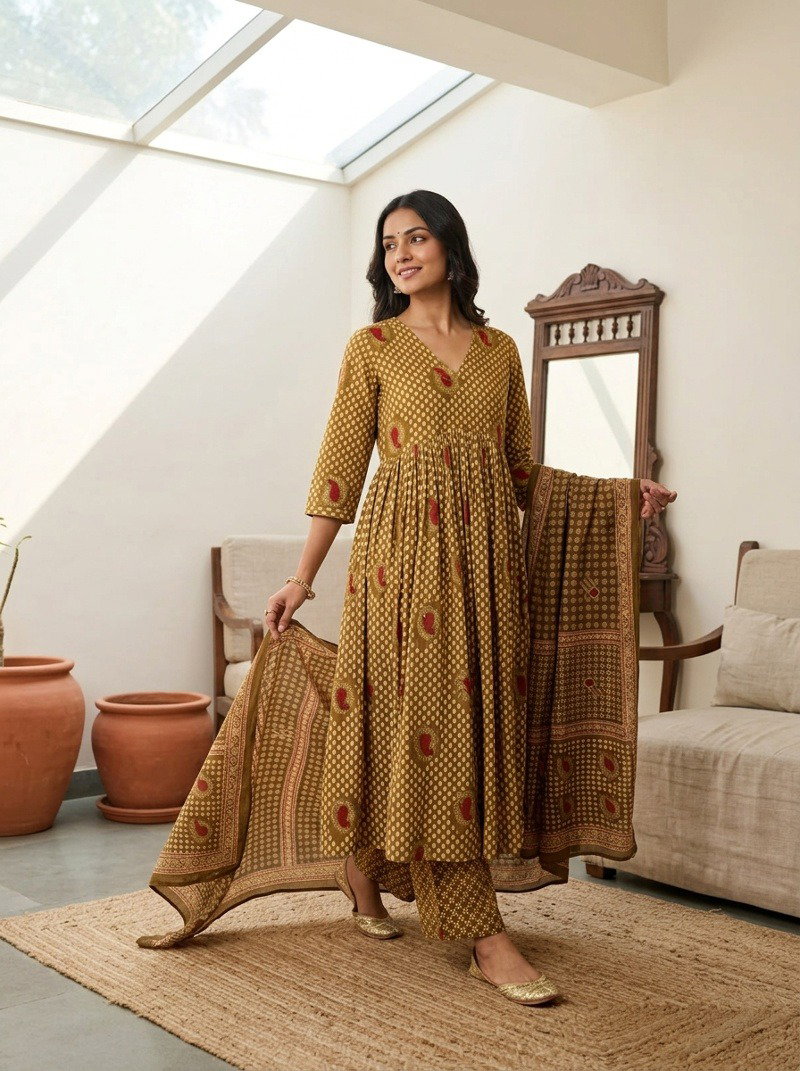 Naisha K 1172 Mul Cotton Printed Anarkali Kurti With Bottom Dupatta Catalog — Wholesale Kurti Pant Set, Vardan Ethnic wholesale from Surat — view 4