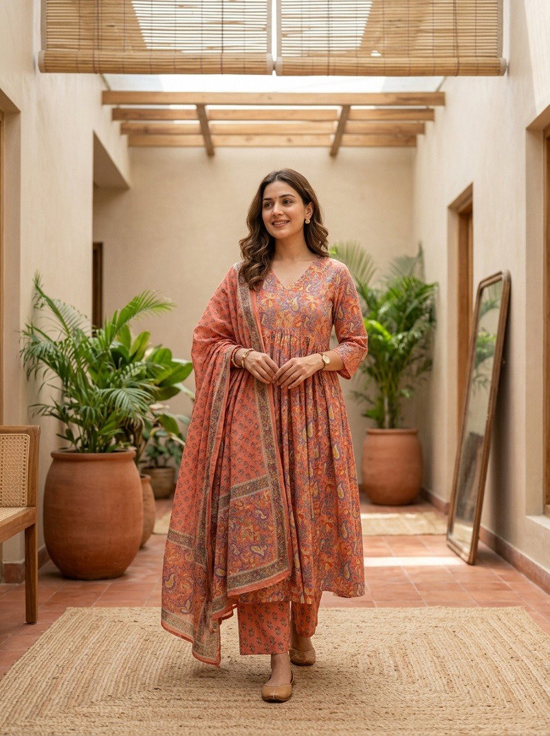 Naisha K 1172 Mul Cotton Printed Anarkali Kurti With Bottom Dupatta Catalog — Wholesale Kurti Pant Set, Vardan Ethnic wholesale from Surat — view 5