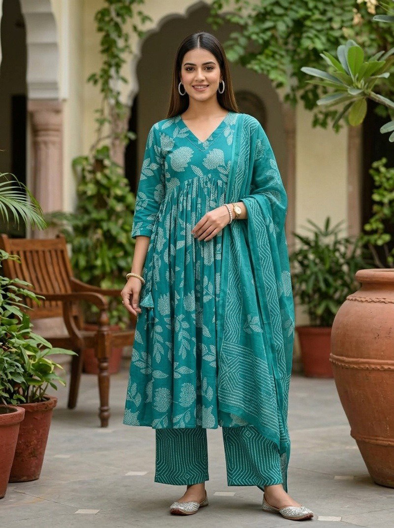 Naisha K 1172 Mul Cotton Printed Anarkali Kurti With Bottom Dupatta Catalog — Wholesale Kurti Pant Set, Vardan Ethnic wholesale from Surat — view 6
