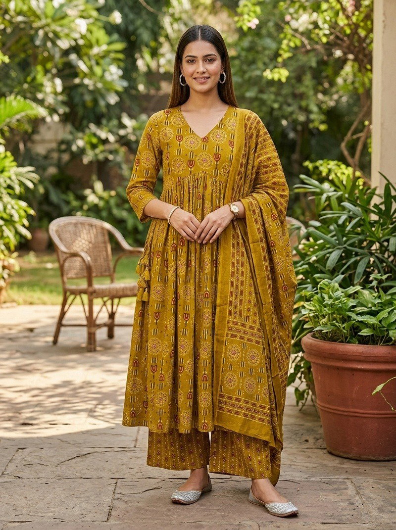 Naisha K 1172 Mul Cotton Printed Anarkali Kurti With Bottom Dupatta Catalog — Wholesale Kurti Pant Set, Vardan Ethnic wholesale from Surat — view 8