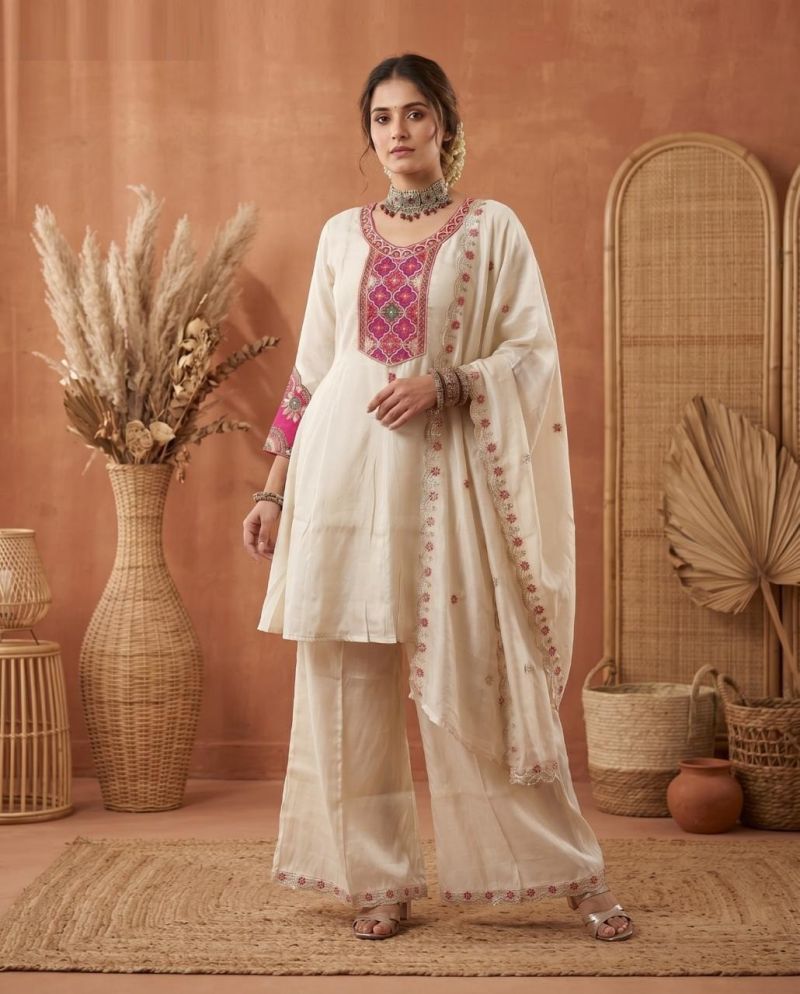 Naisha K 1173 Roman Glass Embroidered Short Anarkali Style Kurti With Bottom Dupatta Set — Wholesale Kurti Pant Set, MPA wholesale from Surat — view 3