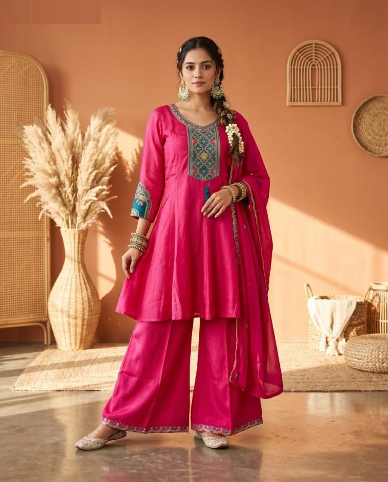 Naisha K 1173 Roman Glass Embroidered Short Anarkali Style Kurti With Bottom Dupatta Set — Wholesale Kurti Pant Set, MPA wholesale from Surat — view 4