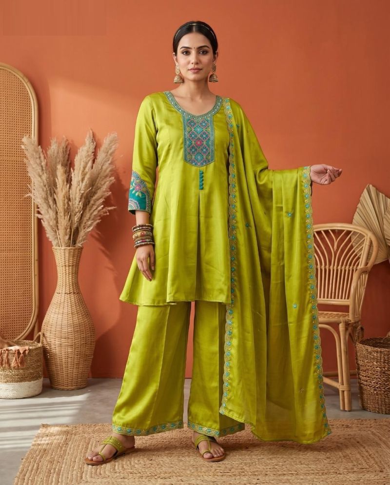 Naisha K 1173 Roman Glass Embroidered Short Anarkali Style Kurti With Bottom Dupatta Set