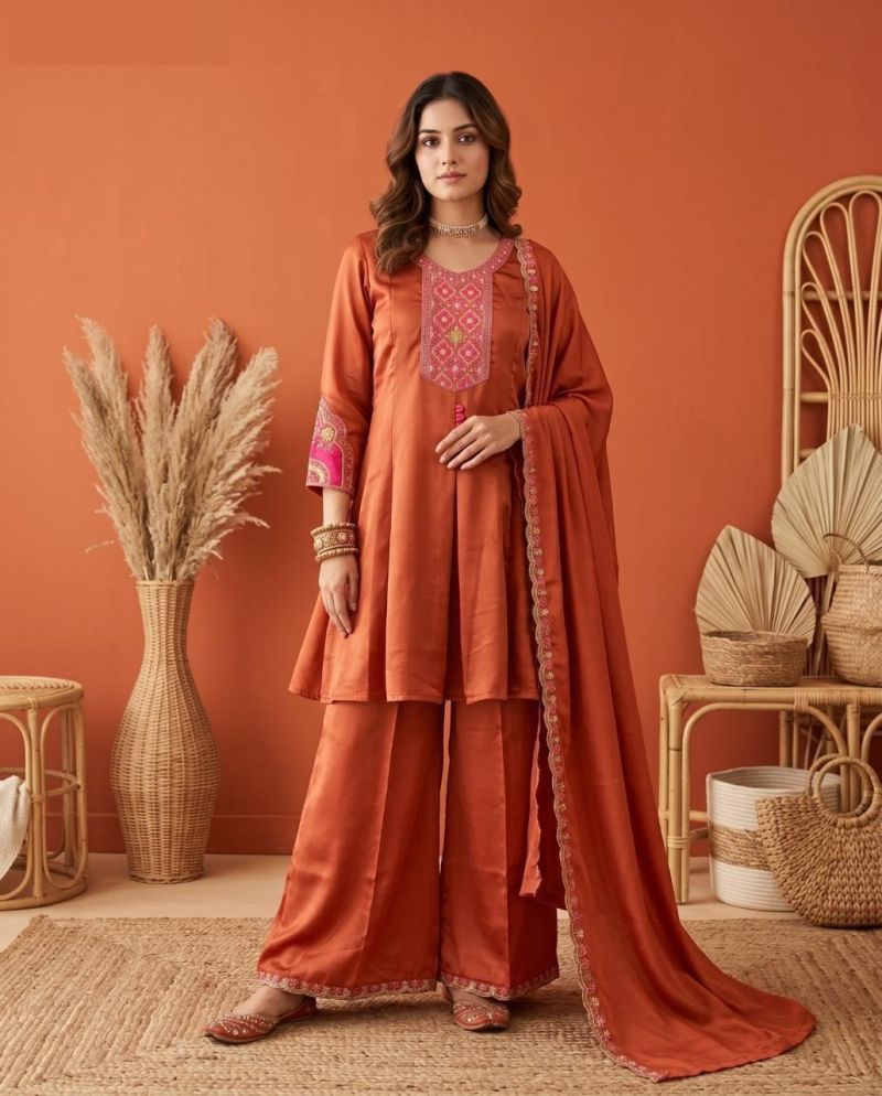 Naisha K 1173 Roman Glass Embroidered Short Anarkali Style Kurti With Bottom Dupatta Set — Wholesale Kurti Pant Set, MPA wholesale from Surat — view 5