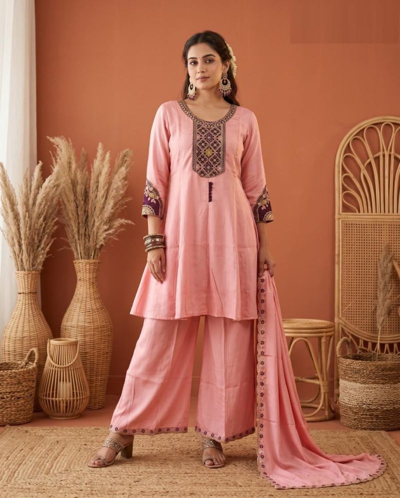 Naisha K 1173 Roman Glass Embroidered Short Anarkali Style Kurti With Bottom Dupatta Set — Wholesale Kurti Pant Set, MPA wholesale from Surat — view 6