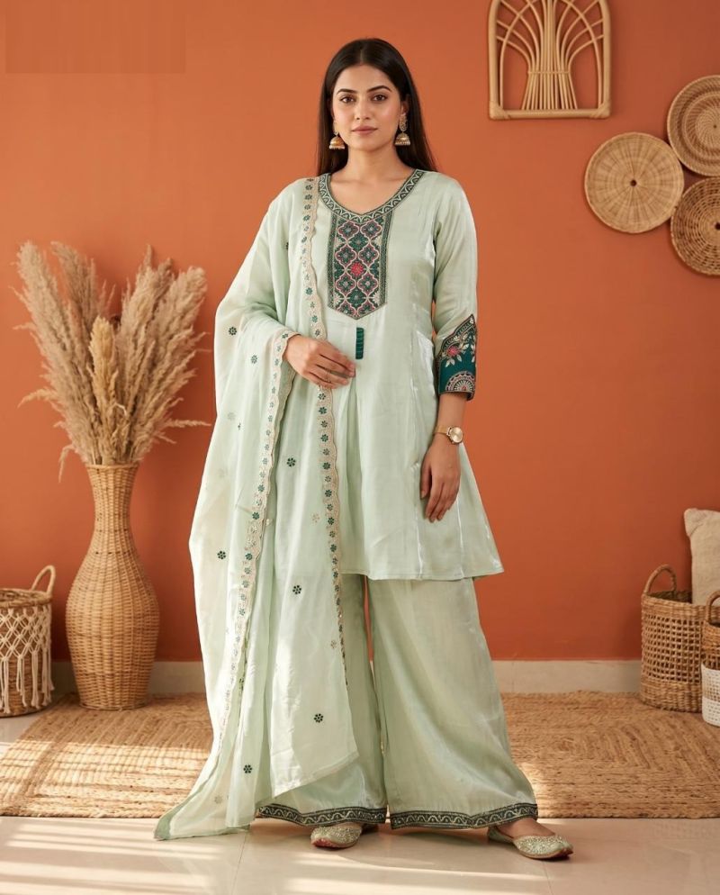 Naisha K 1173 Roman Glass Embroidered Short Anarkali Style Kurti With Bottom Dupatta Set — Wholesale Kurti Pant Set, MPA wholesale from Surat — view 7