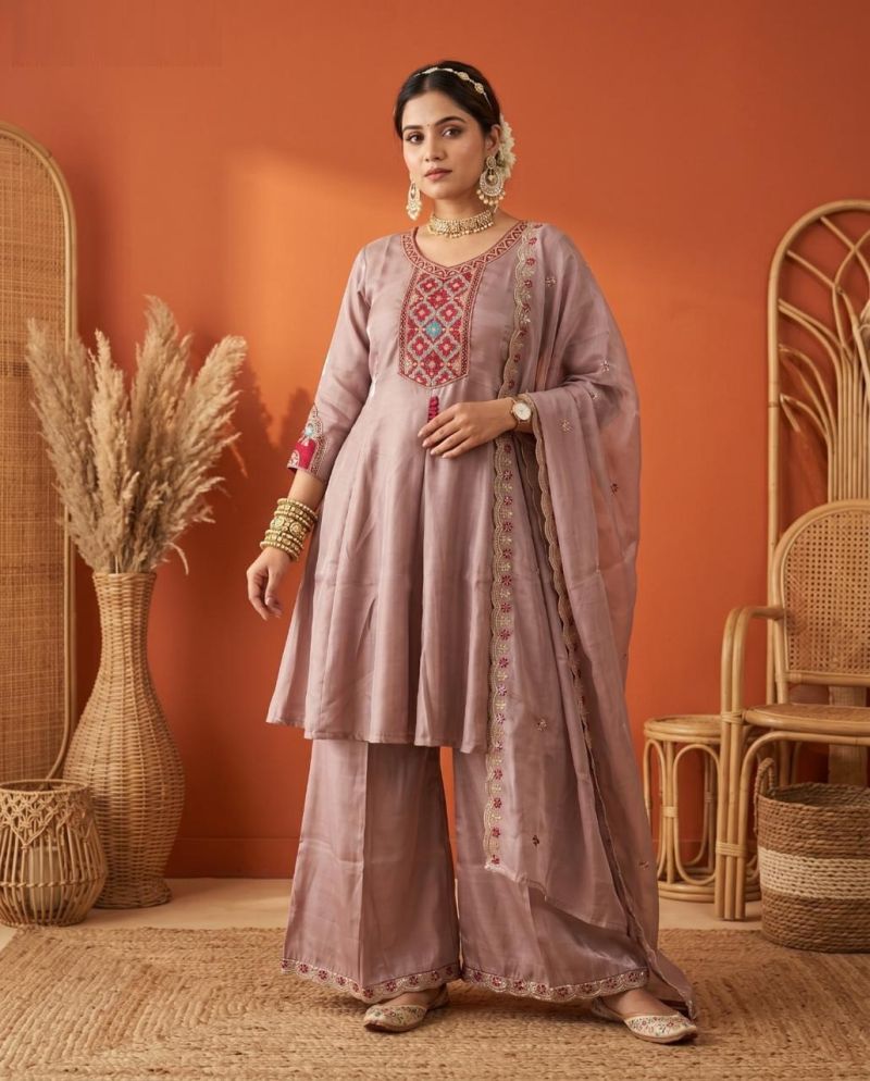 Naisha K 1173 Roman Glass Embroidered Short Anarkali Style Kurti With Bottom Dupatta Set — Wholesale Kurti Pant Set, MPA wholesale from Surat — view 8