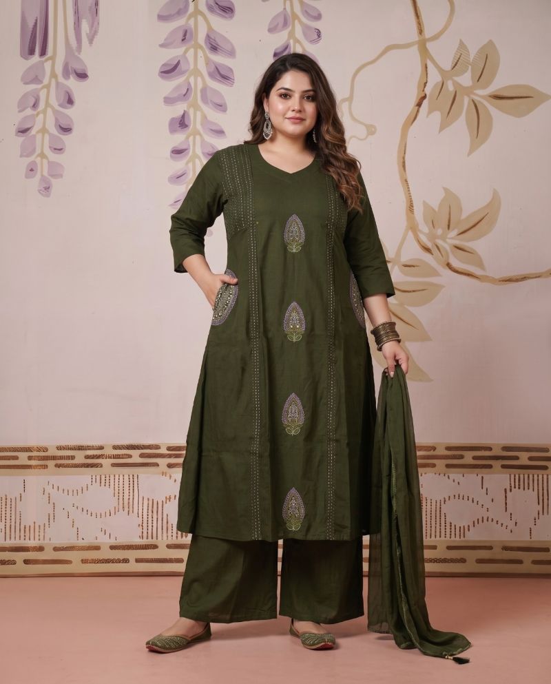 Naisha K 1180 Plus Size Dhabu Cotton Embroidered Kurti With Bottom Dupatta Set — Wholesale Kurtis, Vardan Ethnic wholesale from Surat — view 3