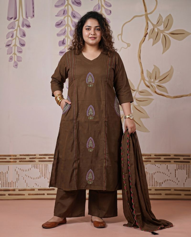Naisha K 1180 Plus Size Dhabu Cotton Embroidered Kurti With Bottom Dupatta Set — Wholesale Kurtis, Vardan Ethnic wholesale from Surat — view 4