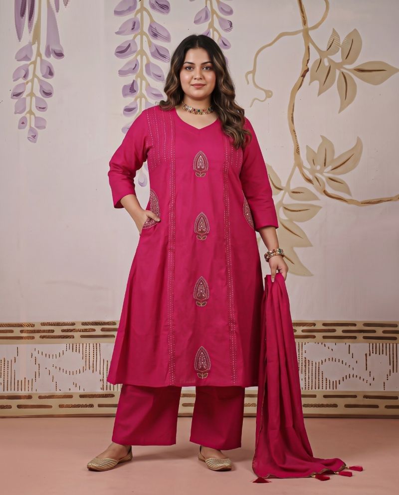 Naisha K 1180 Plus Size Dhabu Cotton Embroidered Kurti With Bottom Dupatta Set — Wholesale Kurtis, Vardan Ethnic wholesale from Surat — view 5