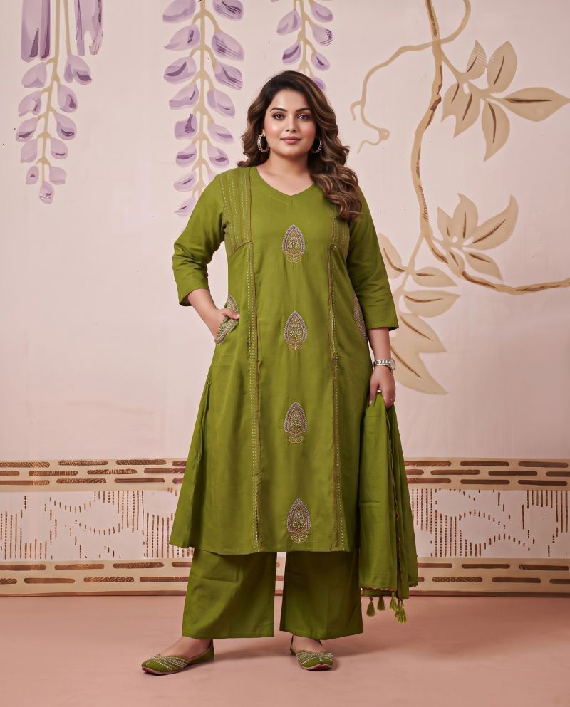 Naisha K 1180 Plus Size Dhabu Cotton Embroidered Kurti With Bottom Dupatta Set