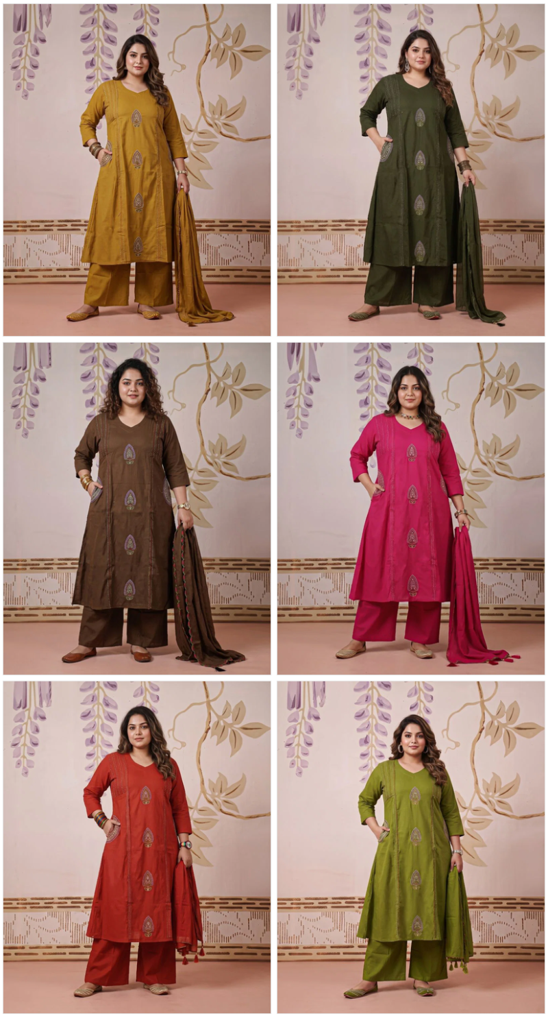 Naisha K 1180 Plus Size Dhabu Cotton Embroidered Kurti With Bottom Dupatta Set — Wholesale Kurtis, Vardan Ethnic wholesale from Surat — view 7