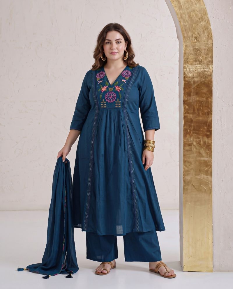 Naisha K 1180 Vol 2 Plus Size Dhabu Cotton Embroidered Kurti With Bottom Dupatta Set — Wholesale Kurtis, Vardan Ethnic wholesale from Surat — view 3