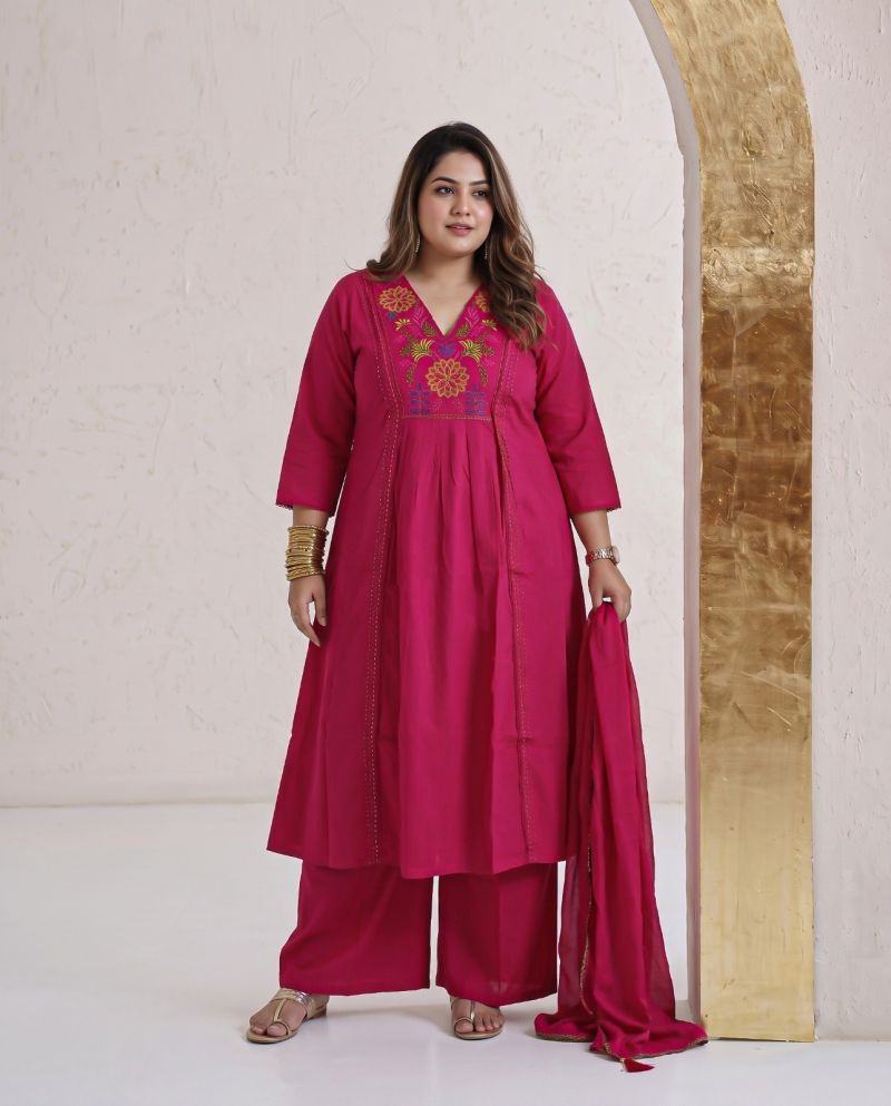 Naisha K 1180 Vol 2 Plus Size Dhabu Cotton Embroidered Kurti With Bottom Dupatta Set — Wholesale Kurtis, Vardan Ethnic wholesale from Surat — view 5