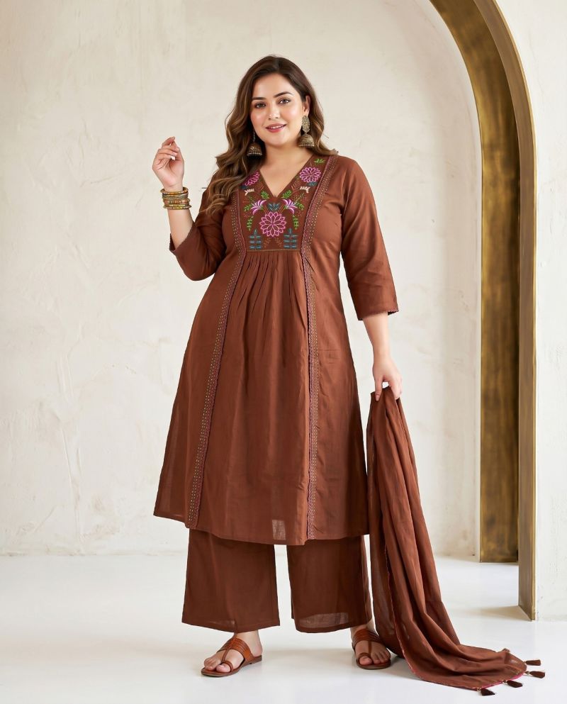 Naisha K 1180 Vol 2 Plus Size Dhabu Cotton Embroidered Kurti With Bottom Dupatta Set