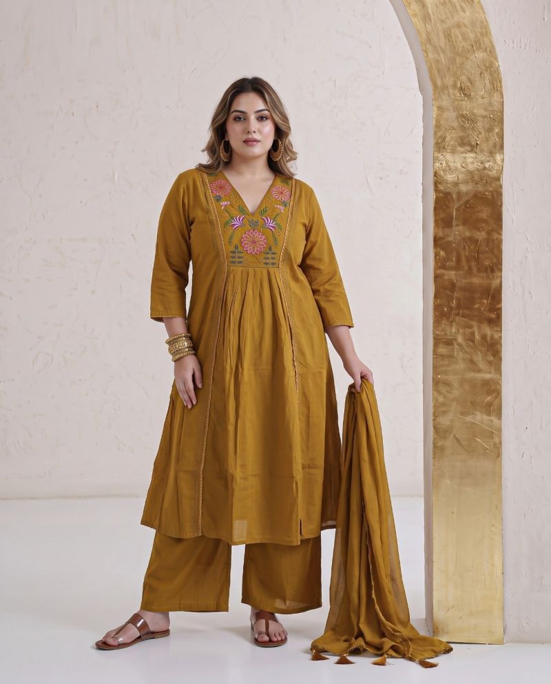 Naisha K 1180 Vol 2 Plus Size Dhabu Cotton Embroidered Kurti With Bottom Dupatta Set — Wholesale Kurtis, Vardan Ethnic wholesale from Surat — view 6
