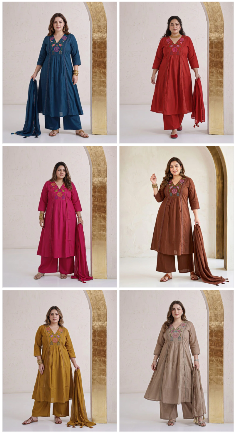 Naisha K 1180 Vol 2 Plus Size Dhabu Cotton Embroidered Kurti With Bottom Dupatta Set — Wholesale Kurtis, Vardan Ethnic wholesale from Surat — view 7
