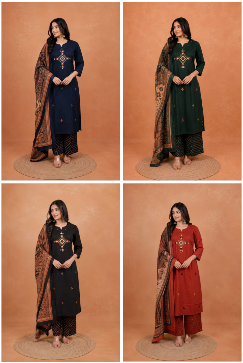 Naisha K 1181 Dhabu Cotton Heavy Hand Work Kurti With Bottom Dupatta Catalog — Wholesale Kurtis, Vardan Ethnic wholesale from Surat — view 5