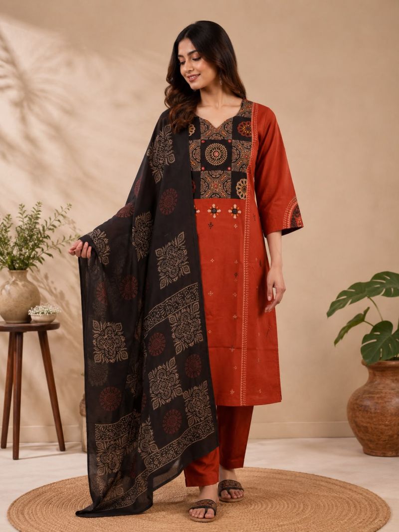 Naisha K 1187 Dhabu Cotton Mirror Hand Work Aline Kurti With Bottom Dupatta Set