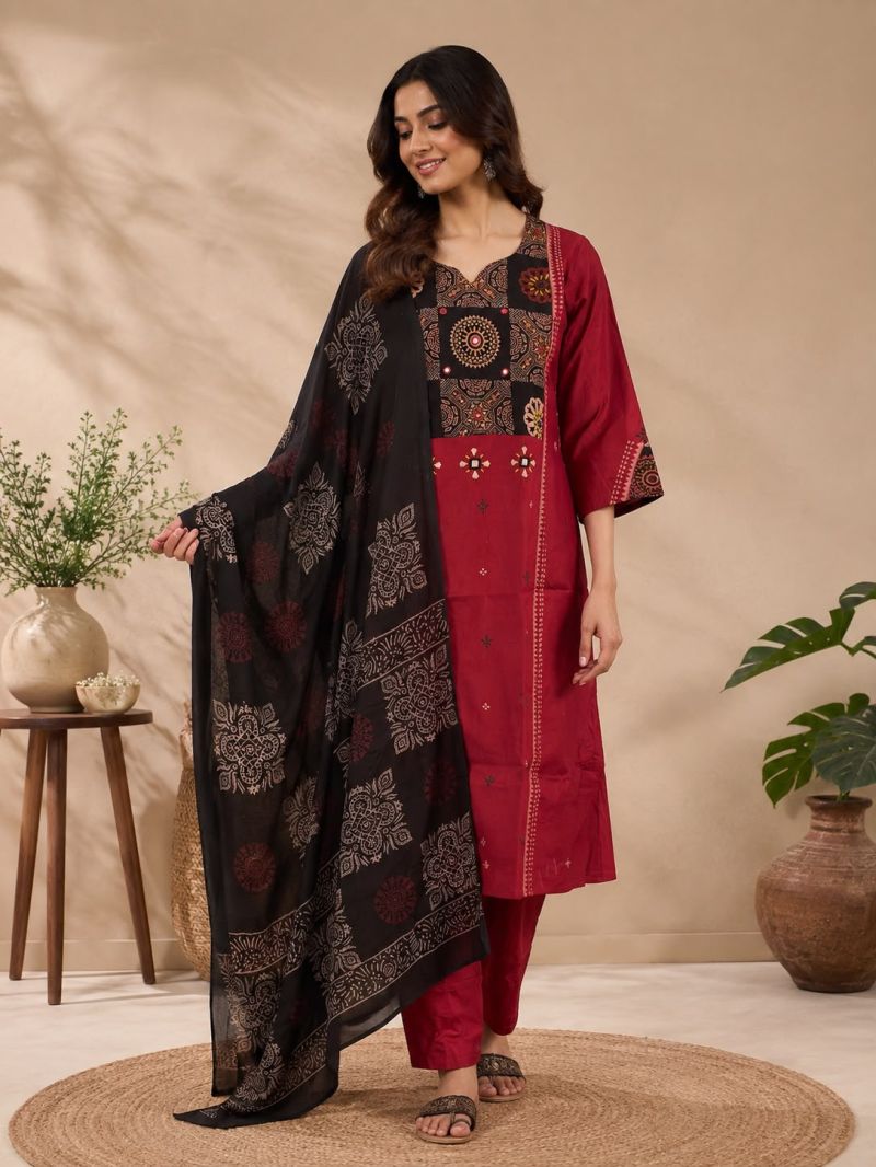 Naisha K 1187 Dhabu Cotton Mirror Hand Work Aline Kurti With Bottom Dupatta Set — Wholesale Kurtis wholesale from Surat — view 2