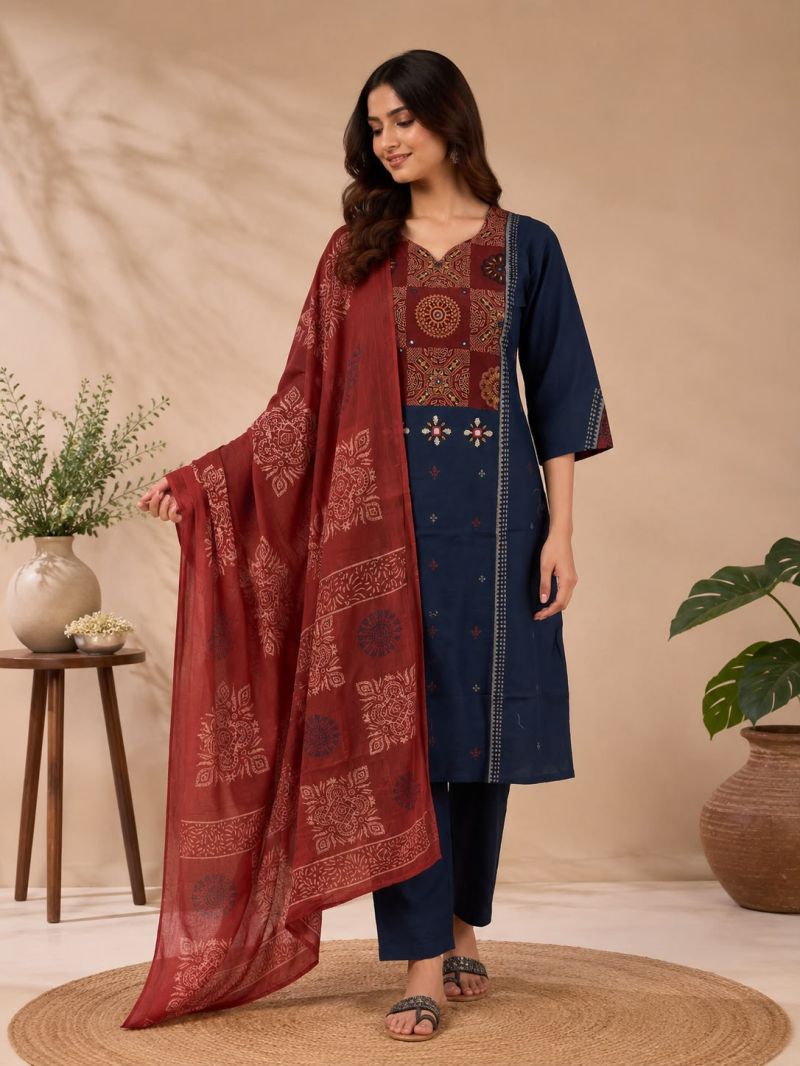 Naisha K 1187 Dhabu Cotton Mirror Hand Work Aline Kurti With Bottom Dupatta Set — Wholesale Kurtis wholesale from Surat — view 3