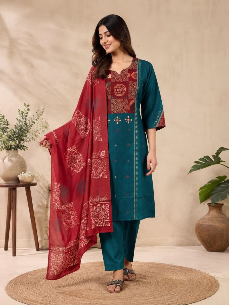 Naisha K 1187 Dhabu Cotton Mirror Hand Work Aline Kurti With Bottom Dupatta Set — Wholesale Kurtis wholesale from Surat — view 4