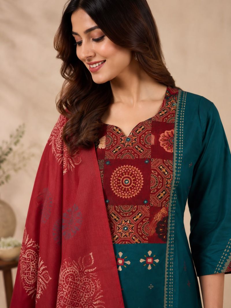Naisha K 1187 Dhabu Cotton Mirror Hand Work Aline Kurti With Bottom Dupatta Set — Wholesale Kurtis wholesale from Surat — view 5