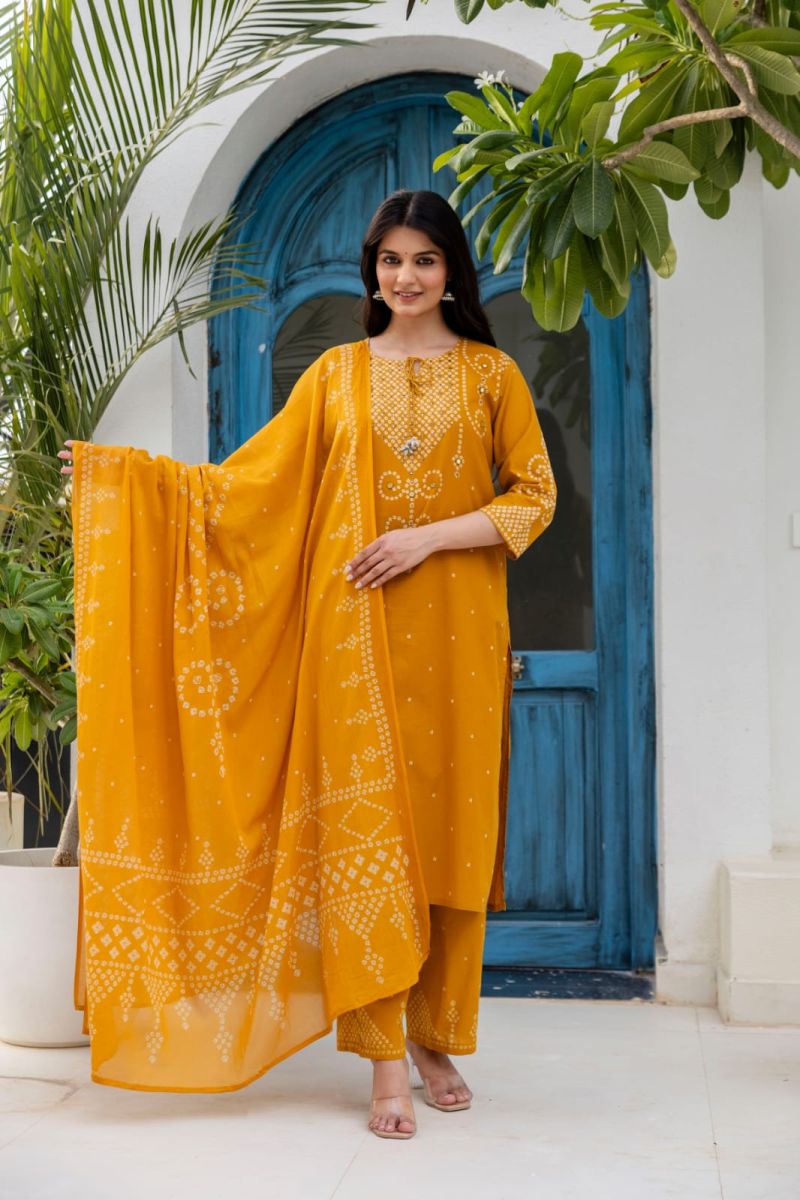 Naisha K 1190 Cotton Bandhani Print Hand Work Kurti With Bottom Dupatta Set — Wholesale Readymade Suit wholesale from Surat — view 2