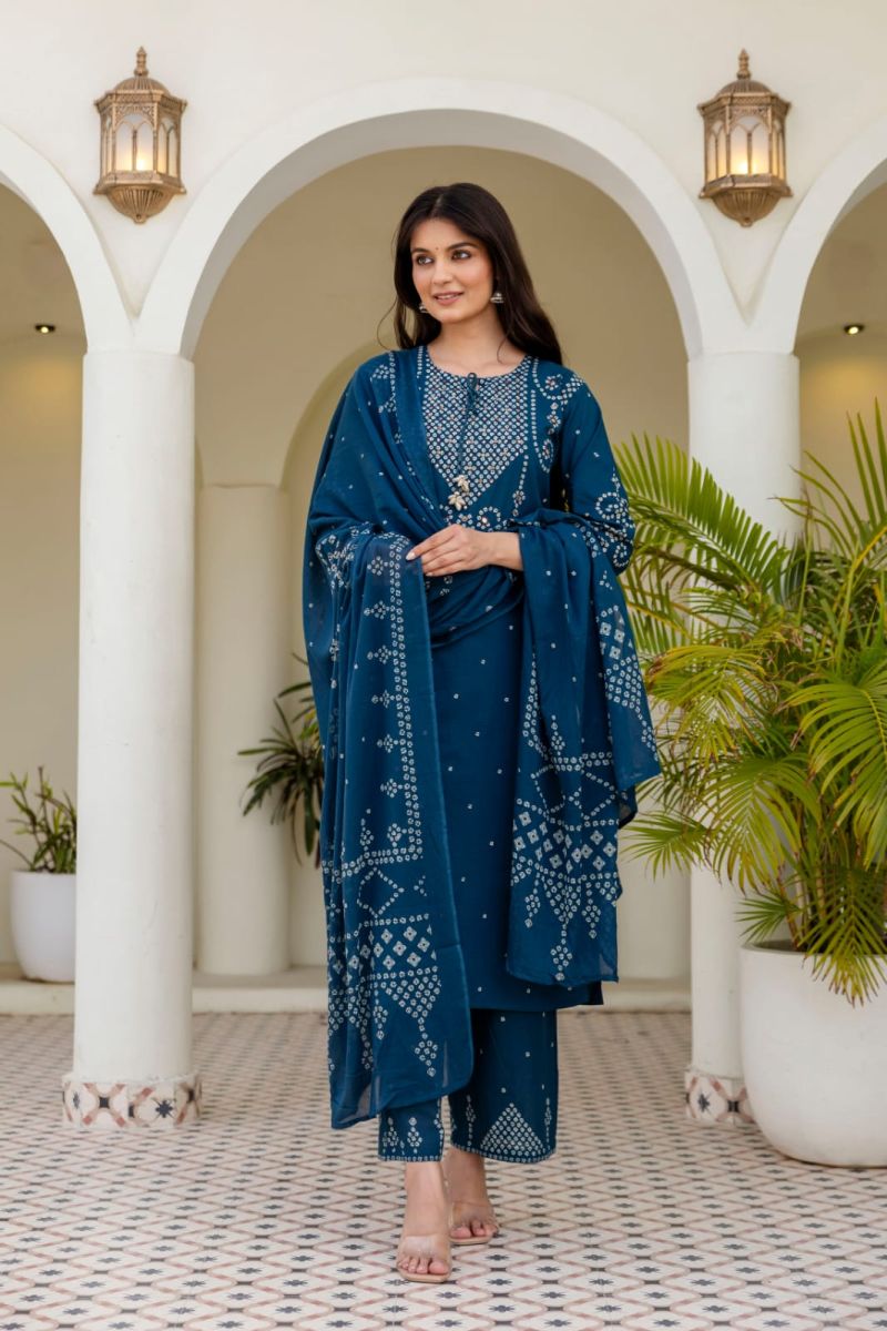 Naisha K 1190 Cotton Bandhani Print Hand Work Kurti With Bottom Dupatta Set
