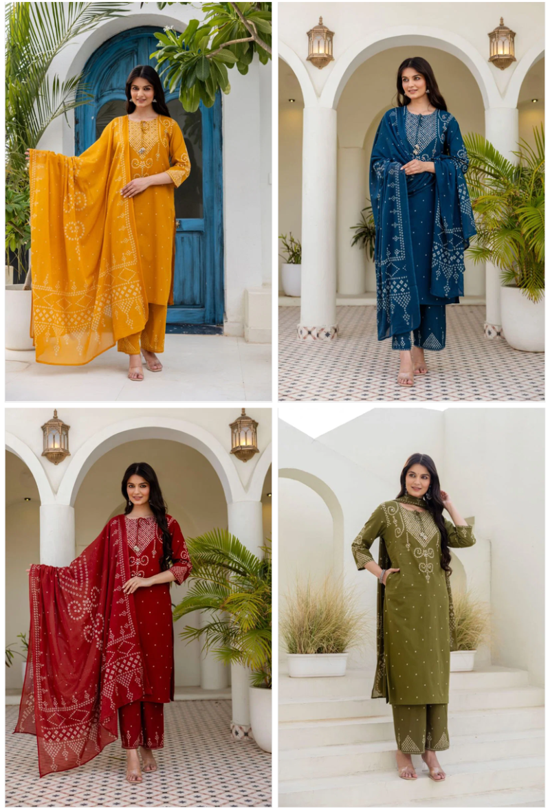 Naisha K 1190 Cotton Bandhani Print Hand Work Kurti With Bottom Dupatta Set — Wholesale Readymade Suit wholesale from Surat — view 8