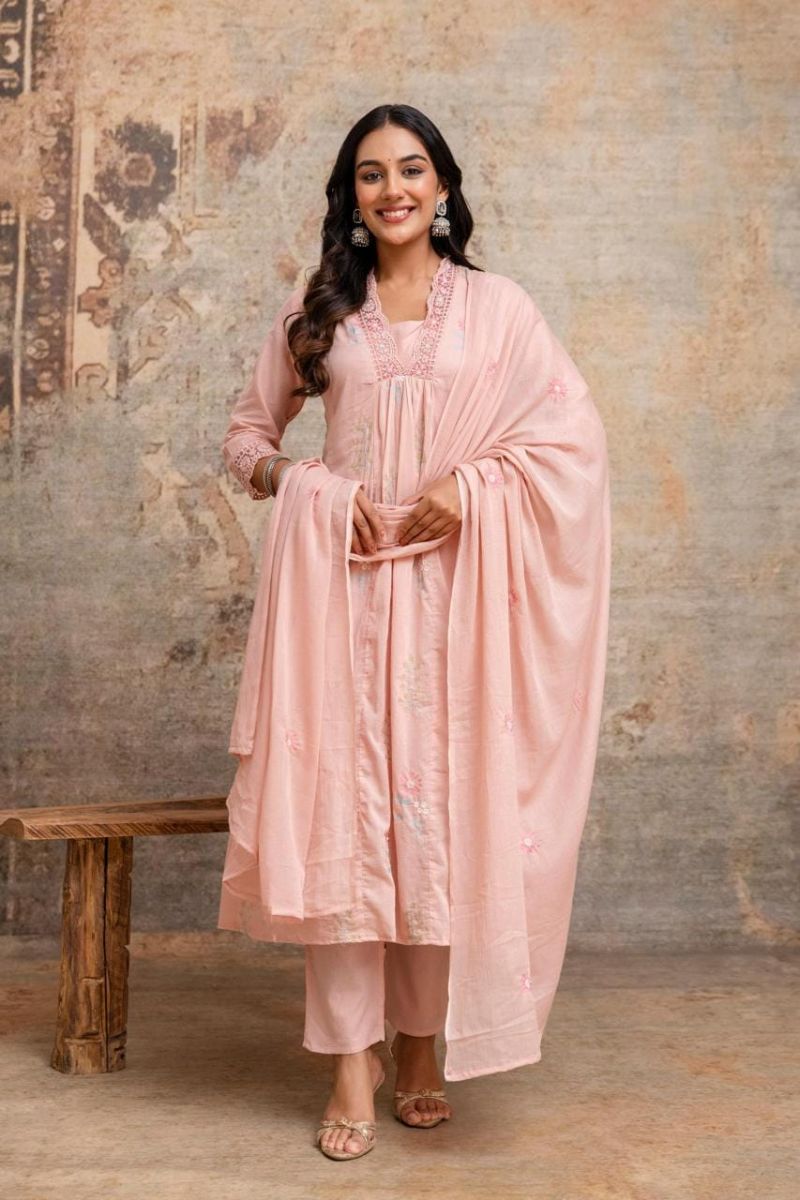 Naisha K 1191 Mul Cotton Embroidered Kurti With Bottom Dupatta Set