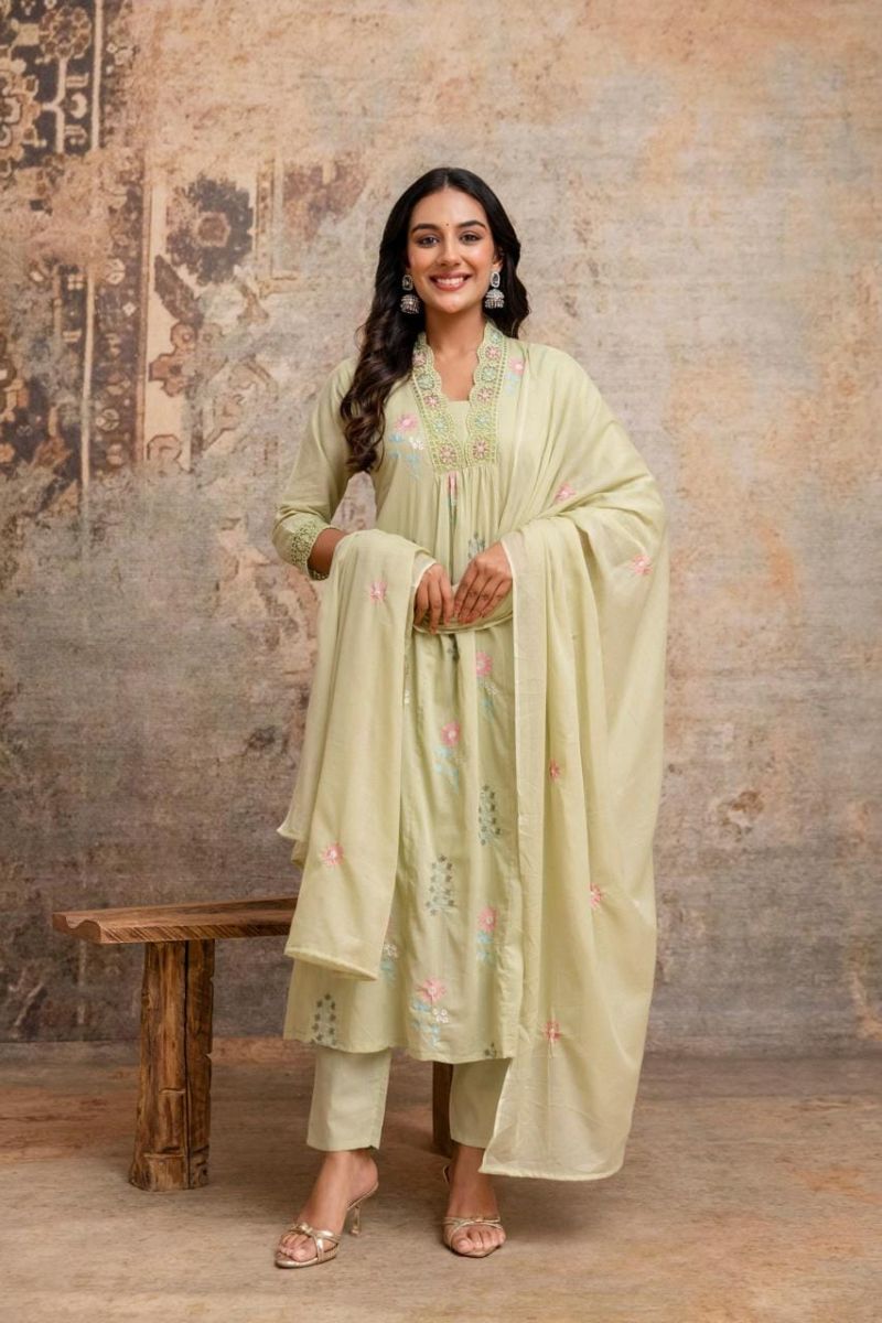 Naisha K 1191 Mul Cotton Embroidered Kurti With Bottom Dupatta Set — Wholesale Readymade Suit, Naisha wholesale from Surat — view 2