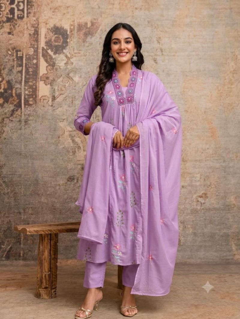 Naisha K 1191 Mul Cotton Embroidered Kurti With Bottom Dupatta Set — Wholesale Readymade Suit, Naisha wholesale from Surat — view 3