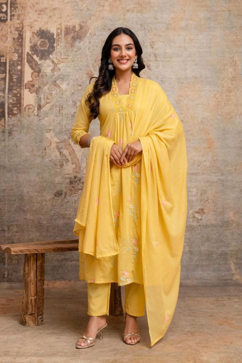 Naisha K 1191 Mul Cotton Embroidered Kurti With Bottom Dupatta Set — Wholesale Readymade Suit, Naisha wholesale from Surat — view 4