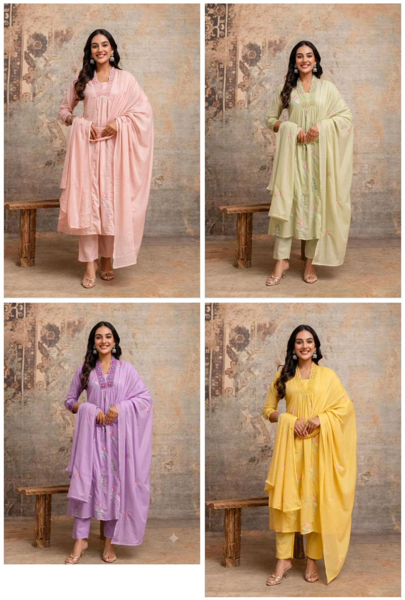 Naisha K 1191 Mul Cotton Embroidered Kurti With Bottom Dupatta Set — Wholesale Readymade Suit, Naisha wholesale from Surat — view 9