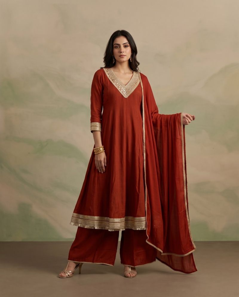 Naisha K 1209 Mul Chanderi Embroidered Anarkali Kurti WIth Bottom Dupatta Set