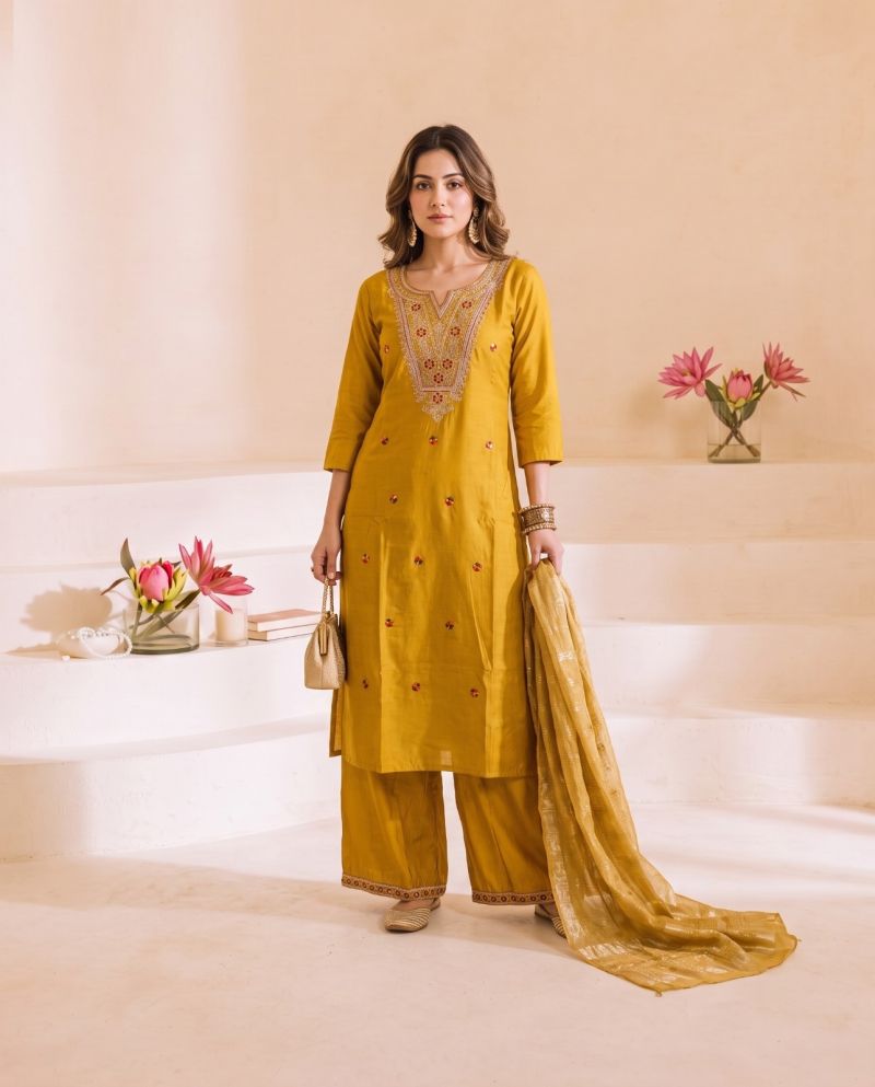 Naisha K 1215 Roman Embroidered Designer Kurti With Botton Dupatta Set